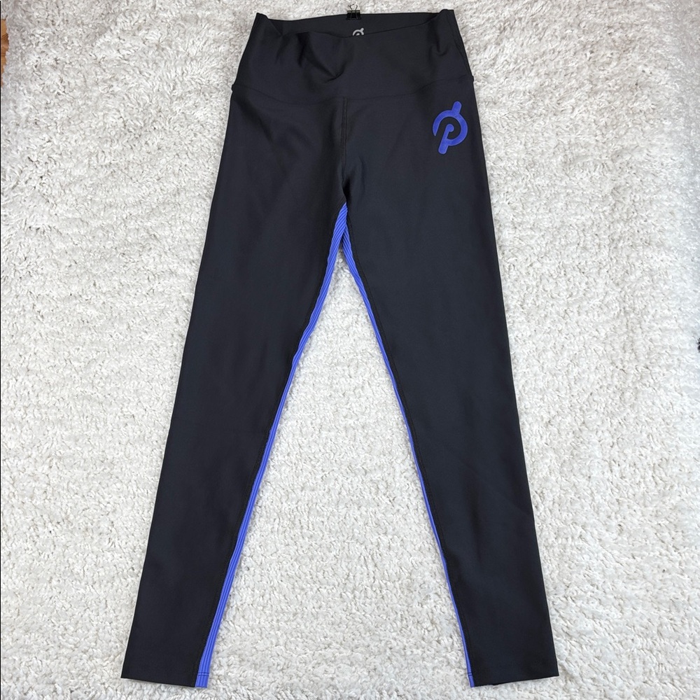 Peloton High Rise Leggings Black Blue Stripe Colorblock Made in USA Women’s L